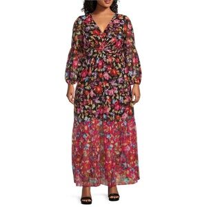 Vince Camuto Black Pink Floral Print Chiffon Long Sleeve V-Neck Maxi Dress NWT